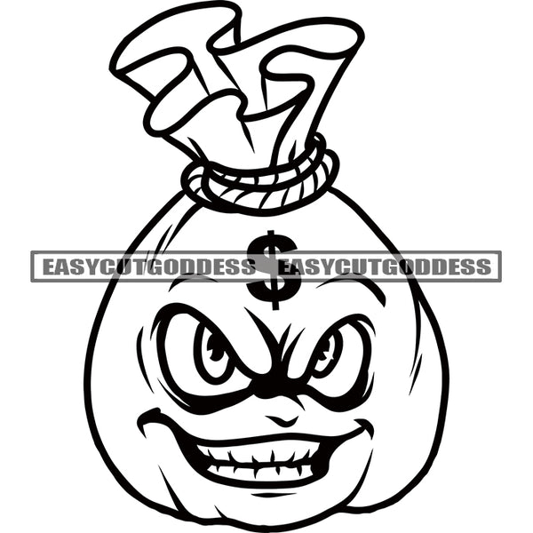 Funny Money Bag Cartoon Character Smile Face Design Element Dollar Sign On Head Black And White Artwork BW Angry Face SVG JPG PNG Vector Clipart Cricut Silhouette Cut Cutting