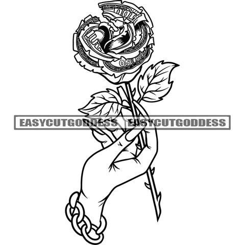 Woman Hand Holding Rose Flower Design Element Afro Woman Wearing Chain Bracelet Long Nail Rose Love Flower BW Artwork SVG JPG PNG Vector Clipart Cricut Silhouette Cut Cutting