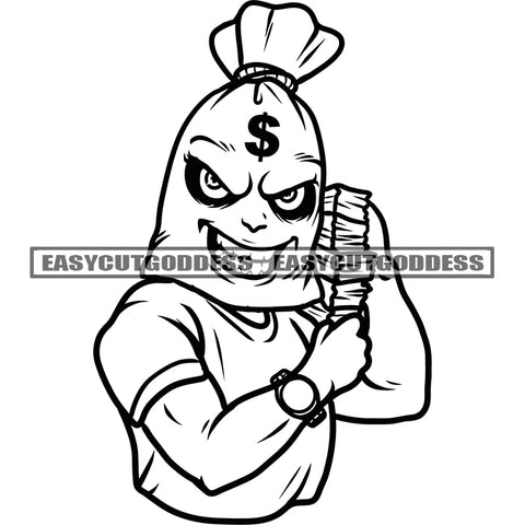 Smile Face Funny Gangster Cartoon Character Holding Money Bundle Smile Scarface Design Element Angry Look Money Bag Head Artwork SVG JPG PNG Vector Clipart Cricut Silhouette Cut Cutting