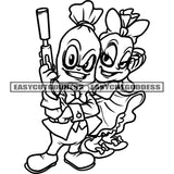Funny Cartoon Couple Character Holding Gun Vector Design Element Cartoon Smile Face And Head Money Bag BW Artwork Gun With Silencer Vector SVG JPG PNG Vector Clipart Cricut Silhouette Cut Cutting