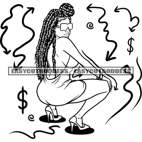 African American Sexy Woman Sitting Pose Wearing Sunglass Locus Long Hairstyle Design Element Symbol Sign On Side BW Artwork SVG JPG PNG Vector Clipart Cricut Silhouette Cut Cutting