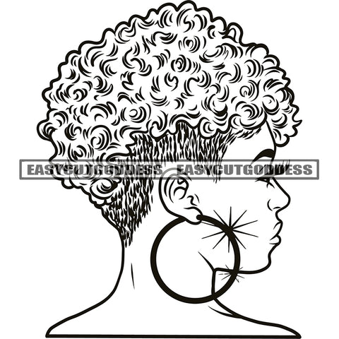 African American Old Woman Face Artwork Wearing Big Hoop Earing Design Element Afro Hairstyle Side Look Vector SVG JPG PNG Vector Clipart Cricut Silhouette Cut Cutting