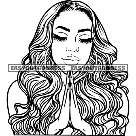 Beautiful African American Woman Afro Woman Hard Praying Hand Close Eyes Vector BW Artwork Beautiful Hairstyle SVG JPG PNG Vector Clipart Cricut Silhouette Cut Cutting