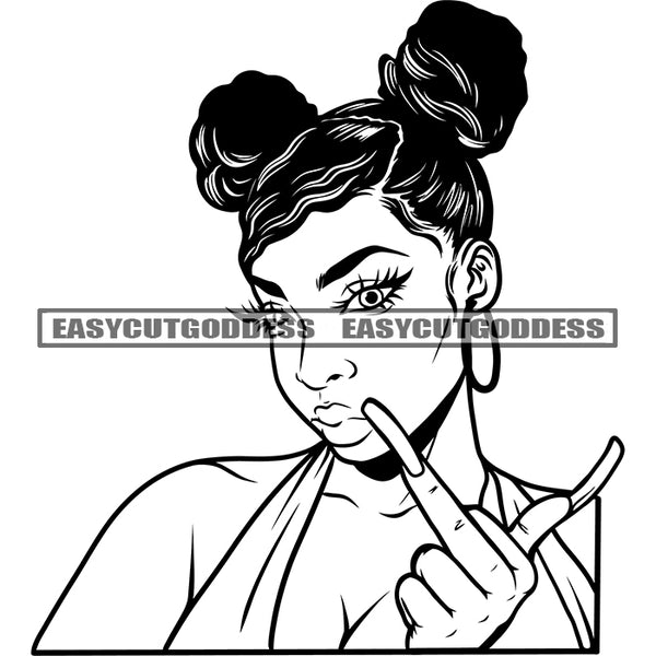 Black And White Sexy Afro Woman Wearing Hoop Earing African American Woman Holding Salon Accessories Long Nail Afro Hairstyle Girls Parlor Vector Artwork SVG JPG PNG Vector Clipart Cricut Silhouette Cut Cutting