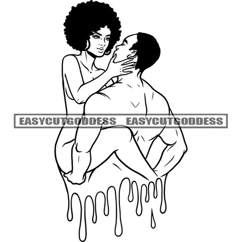 African American Couple Kissing Each Other Heart Symbol Vector Design Element Color Dripping Afro Hairstyle Artwork BW Sexy Pose Romance Time SVG JPG PNG Vector Clipart Cricut Silhouette Cut Cutting