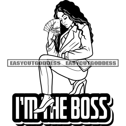 I'm Her Boss Quote African American Woman Holding Phone Take Selfie Pose Curly Hairstyle Black And White Artwork Wearing Coat Design Element SVG JPG PNG Vector Clipart Cricut Silhouette Cut Cutting