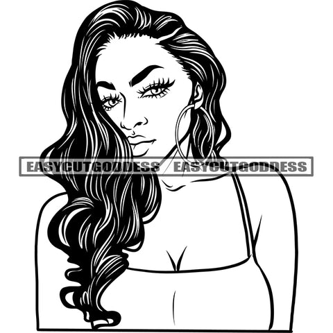 Afro Sexy Woman Sexy Pose African American Woman Face BW Artwork Curly Hairstyle Design Element Long Nail Wearing Hoop Earing Vector SVG JPG PNG Vector Clipart Cricut Silhouette Cut Cutting