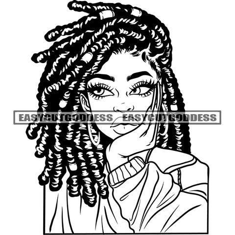 Afro Girls Thinking Pose Locus Long Hairstyle Wearing Hoop Earing Cute Face African American Girls SVG JPG PNG Vector Clipart Cricut Silhouette Cut Cutting