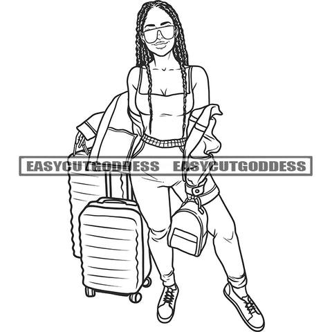 African American Woman Travel Group Tour Vector Black And White Artwork Holding Handbag Luges Bag On Side Locus Hairstyle SVG JPG PNG Vector Clipart Cricut Silhouette Cut Cutting