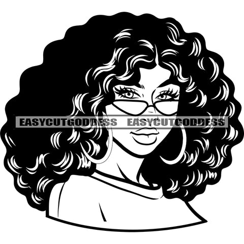 African American Woman Curly Hairstyle Wearing Hoop Earing And Sunglasses Afro Cute Face Girls Black And White Artwork SVG JPG PNG Vector Clipart Cricut Silhouette Cut Cutting