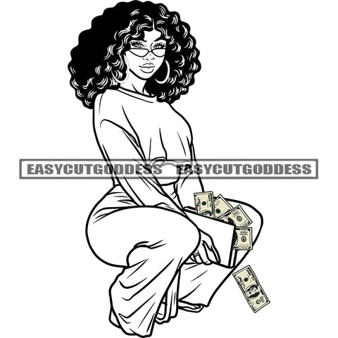 African American Woman Sitting Pose Holding Money Bag Curly Hairstyle Wearing Hoop Earing And Sunglasses Afro Cute Face Girls Black And White Artwork SVG JPG PNG Vector Clipart Cricut Silhouette Cut Cutting