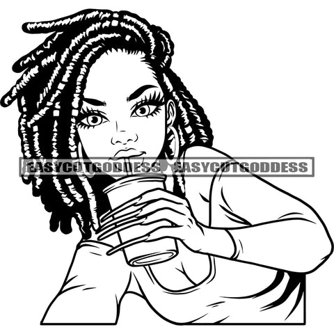 African American Woman Holding Coffee Mug Long Nail Vector BW Artwork Locus Hairstyle Cute Face Design Element SVG JPG PNG Vector Clipart Cricut Silhouette Cut Cutting