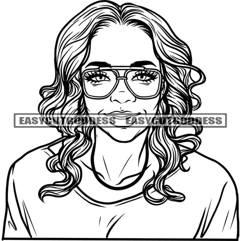 Black And White Artwork African American Old Woman Wearing Sunglass Smile Face Educated Woman Curly Hairstyle SVG JPG PNG Vector Clipart Cricut Silhouette Cut Cutting