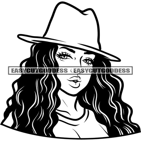 African American Sexy Woman Wearing Hat Afro Woman Sexy Pose Head And Face Design Element Curly Long Hairstyle BW Artwork SVG JPG PNG Vector Clipart Cricut Silhouette Cut Cutting