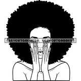 Black And White Artwork African American Woman Depression Pose Long Nail Hand On Mouth Afro Hairstyle SVG JPG PNG Vector Clipart Cricut Silhouette Cut Cutting