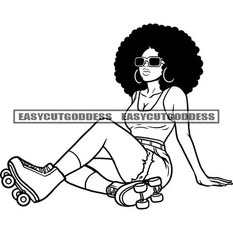 African American Sexy Woman Sitting Pose Rolling Shoes On Leg Wearing Sunglasses And Hoop Earing Afro Hairstyle Vector BW Artwork SVG JPG PNG Vector Clipart Cricut Silhouette Cut Cutting