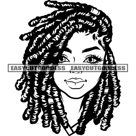Locus Hairstyle African American Girls Face Design Element Cute Afro Girls Head Design Element Black And White Artwork SVG JPG PNG Vector Clipart Cricut Silhouette Cut Cutting