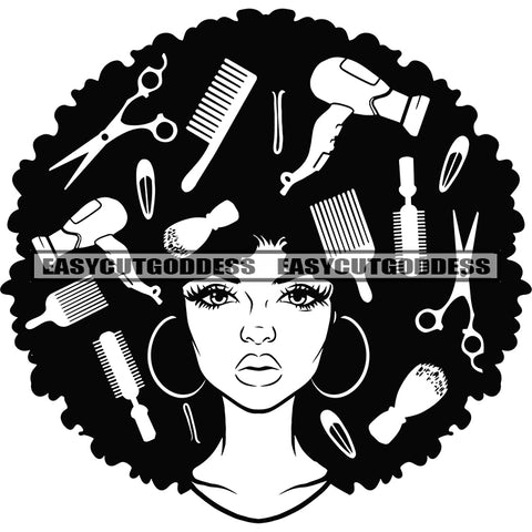 Woman Salon And Parlor Accessories African American Woman Face Design Element Afro Hairstyle Wearing Hoop Earing Vector BW Artwork SVG JPG PNG Vector Clipart Cricut Silhouette Cut Cutting