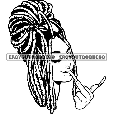 Black And White Artwork African American Locus Hairstyle Woman Smile Face Afro Woman Showing Love Hand Sign Heart Symbol Long Nail SVG JPG PNG Vector Clipart Cricut Silhouette Cut Cutting