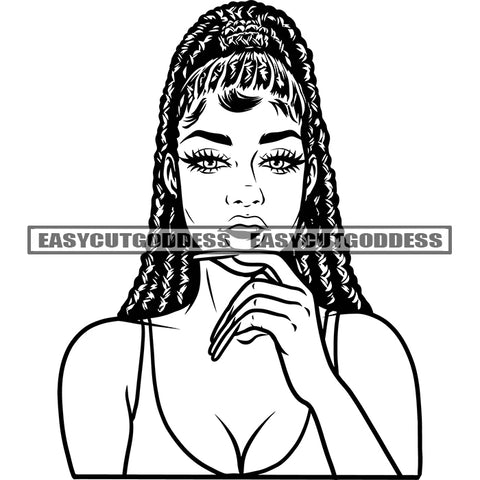 African American Woman Thinking Pose Long Nail Vector Locus Long Hairstyle Design Element BW Artwork SVG JPG PNG Vector Clipart Cricut Silhouette Cut Cutting