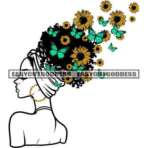 Sunflower On Afro Woman Hair Butterfly On Fly African American Woman Wearing Hoop Earing Side Face Design Element SVG JPG PNG Vector Clipart Cricut Silhouette Cut Cutting