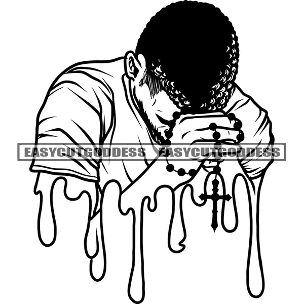 Hard Praying Man Depression Pose Holding Cross Jesus Christ Afro Hairstyle African American Man Hide Face Color Dripping BW Artwork SVG JPG PNG Vector Clipart Cricut Silhouette Cut Cutting