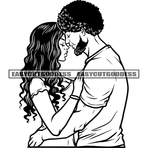 African American Couple Hugging Each Other Curly And Afro Hairstyle Vector Black And White Artwork Close Eyes Design Element SVG JPG PNG Vector Clipart Cricut Silhouette Cut Cutting