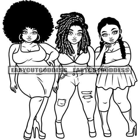 Black And White Artwork African American Plus Size Woman Standing Sexy Pose Wearing Sexy Dress Afro And Locus Hairstyle Smile Face SVG JPG PNG Vector Clipart Cricut Silhouette Cut Cutting