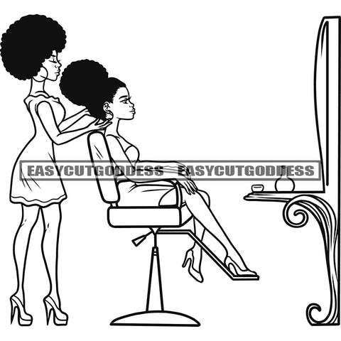 African American Woman Sitting On Salon chair Afro Woman Standing Afro Hairstyle Parlor Treatment BW Artwork SVG JPG PNG Vector Clipart Cricut Silhouette Cut Cutting