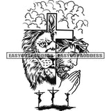 Cristo Face Lion Cross On Head Christian Art Jesus The Cross Sign Design Element Black And White  Half Lion Face Vector SVG JPG PNG Vector Clipart Cricut Silhouette Cut Cutting