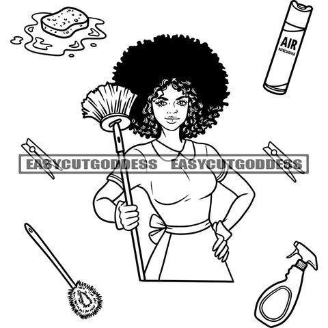 African American Woman Housewife Black And White Artwork Afro Woman Smile Face Hairstyle Holding House Accessories BW SVG JPG PNG Vector Clipart Cricut Silhouette Cut Cutting