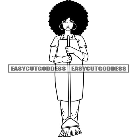 African American Cleaner Woman Standing Afro Hairstyle Wearing Hoop Earing Vector Design Element BW Artwork Hardworking Man SVG JPG PNG Vector Clipart Cricut Silhouette Cut Cutting