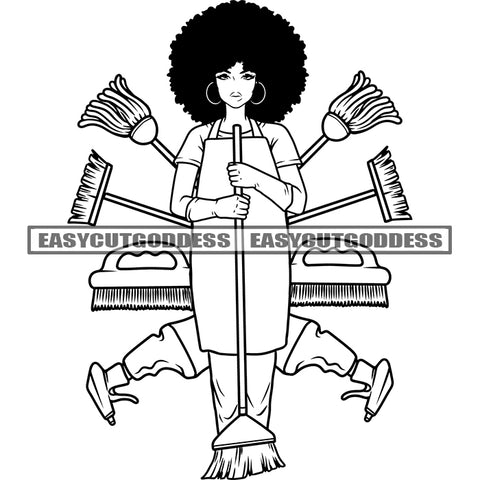 African American Cleaner Woman Standing Holding Brush Cleaner Accessories Afro Hairstyle Wearing Hoop Earing Vector Design Element BW Artwork Hardworking Man SVG JPG PNG Vector Clipart Cricut Silhouette Cut Cutting