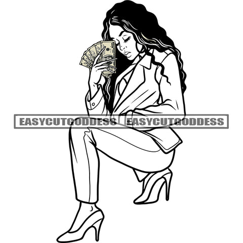 African American Sexy Woman Holding Money Take Selfie Pose Vector BW Artwork Curly Long Hairstyle Design Element SVG JPG PNG Vector Clipart Cricut Silhouette Cut Cutting