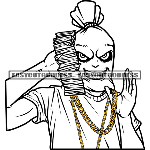 Hip Hop Boys Holding Chain Funny Cartoon Character Holding Lot Of Money Bundle Smile Face Wearing Chain Cartoon Head Money Bag Design Element SVG JPG PNG Vector Clipart Cricut Silhouette Cut Cutting