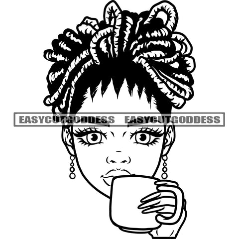 African American Woman Holding Coffee Mug Locus Hairstyle Black And White Artwork Long Nail Wearing Earing SVG JPG PNG Vector Clipart Cricut Silhouette Cut Cutting