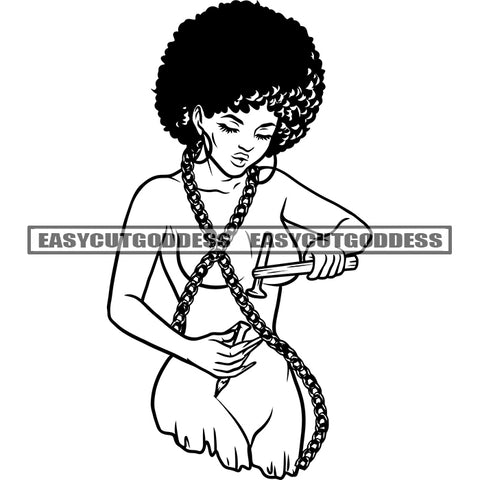 African American Woman Holding Hammer Black And White Artwork Afro Short Hairstyle Wearing Metal Chain Design Element SVG JPG PNG Vector Clipart Cricut Silhouette Cut Cutting