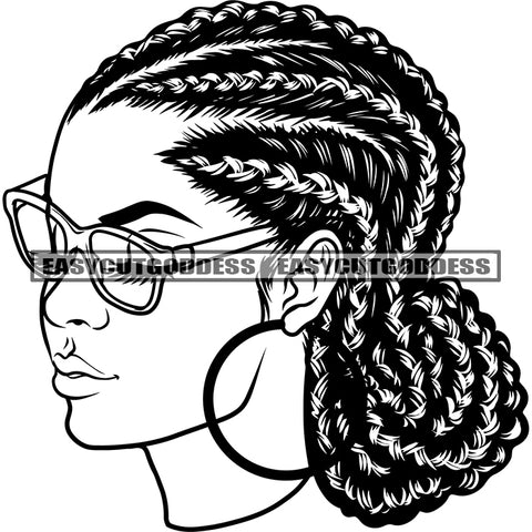 African American Woman Side Face Design Element Afro Woman Wearing Sunglasses And Hoop Earing Locus Long Hairstyle Black And White Artwork BW SVG JPG PNG Vector Clipart Cricut Silhouette Cut Cutting