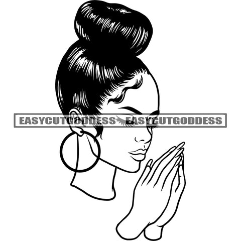 African American Woman Hard Praying Hand Close Eyes Wearing Hoop Earing Cute Woman Design Element Artwork Long Nail SVG JPG PNG Vector Clipart Cricut Silhouette Cut Cutting