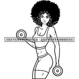 African American Fitness Woman Holding Dumbbell Gym Black And White Artwork Woman Wearing Hoop Earing And Headband Afro Hairstyle SVG JPG PNG Vector Clipart Cricut Silhouette Cut Cutting