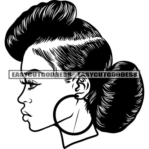 Black And White Artwork African American Woman Head Design Element Wearing Hoop Earing Afro Woman Side Face Cute Look BW SVG JPG PNG Vector Clipart Cricut Silhouette Cut Cutting