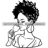 African American Woman Holding Wine Glasses Wearing Hoop Earing Afro Hairstyle Woman Close Eyes Sexy Body Long Nail Black And White Artwork BW SVG JPG PNG Vector Clipart Cricut Silhouette Cut Cutting