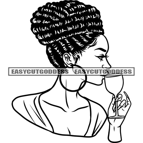 Afro Woman Drinking Wine African American Woman Holding Wine Glasses Wearing Hoop Earing Afro Hairstyle Woman Close Eyes Sexy Body Long Nail Black And White Artwork BW SVG JPG PNG Vector Clipart Cricut Silhouette Cut Cutting