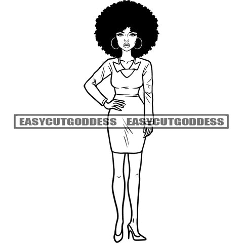 African American Woman Standing Sexy Pose Afro Hairstyle Wearing Hoop Earing Black And White Artwork BW Depression Face SVG JPG PNG Vector Clipart Cricut Silhouette Cut Cutting