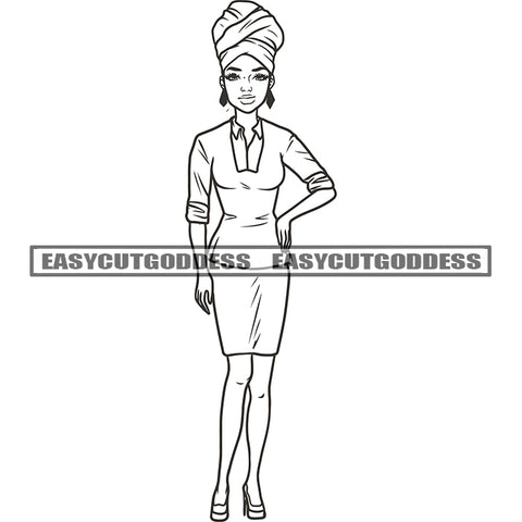 African American Woman Standing Sexy Pose Afro Woman Headscarf Wearing Hoop Earing Black And White Artwork BW Depression Face SVG JPG PNG Vector Clipart Cricut Silhouette Cut Cutting