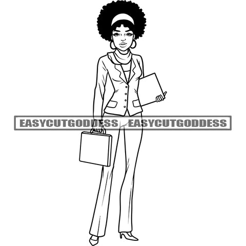 African American Business Woman Standing Holding Briefcase And File Book Sexy Pose Afro Woman Headband Wearing Hoop Earing Black And White Artwork BW Depression Face SVG JPG PNG Vector Clipart Cricut Silhouette Cut Cutting