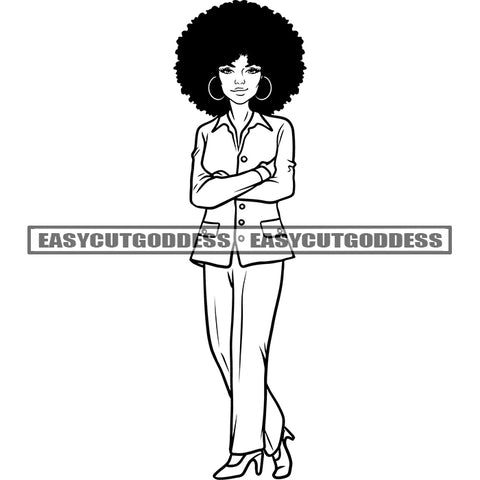 African American Educated Woman Wearing Hoop Earing Afro Hairstyle Smile Face Black And White Artwork Design Element BW Wearing Business Coat SVG JPG PNG Vector Clipart Cricut Silhouette Cut Cutting