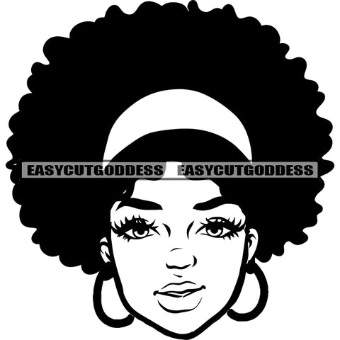 African American Woman Face Design Element Wearing Hoop Earing And Hairband Afro Hairstyle Vector Black And White Artwork Smile Face SVG JPG PNG Vector Clipart Cricut Silhouette Cut Cutting