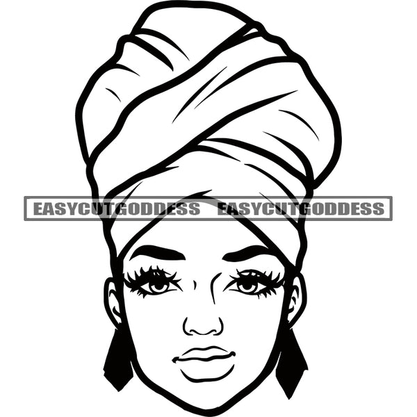 Black And White African American Woman Wearing Bath Towel And Earing Smile Face Design Element BW SVG JPG PNG Vector Clipart Cricut Silhouette Cut Cutting