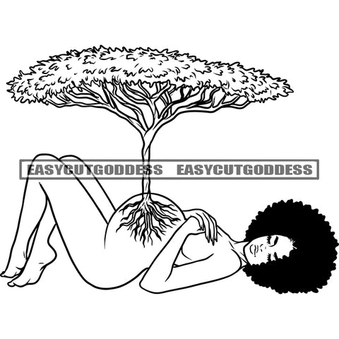 African American Woman Sleeping Big Tree On Woman Belly Pregnant Woman Sleep Close Eyes Vector Design Element Afro Hairstyle World Nature BW Artwork SVG JPG PNG Vector Clipart Cricut Silhouette Cut Cutting